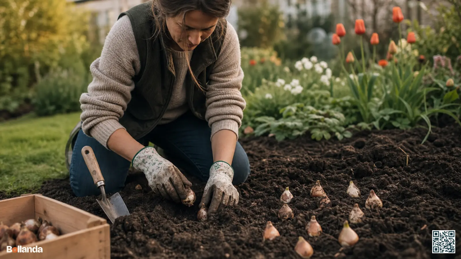 Een tuinier met handschoenen plant hyacintenbollen rechtop in de herfstgrond van een Nederlandse border.