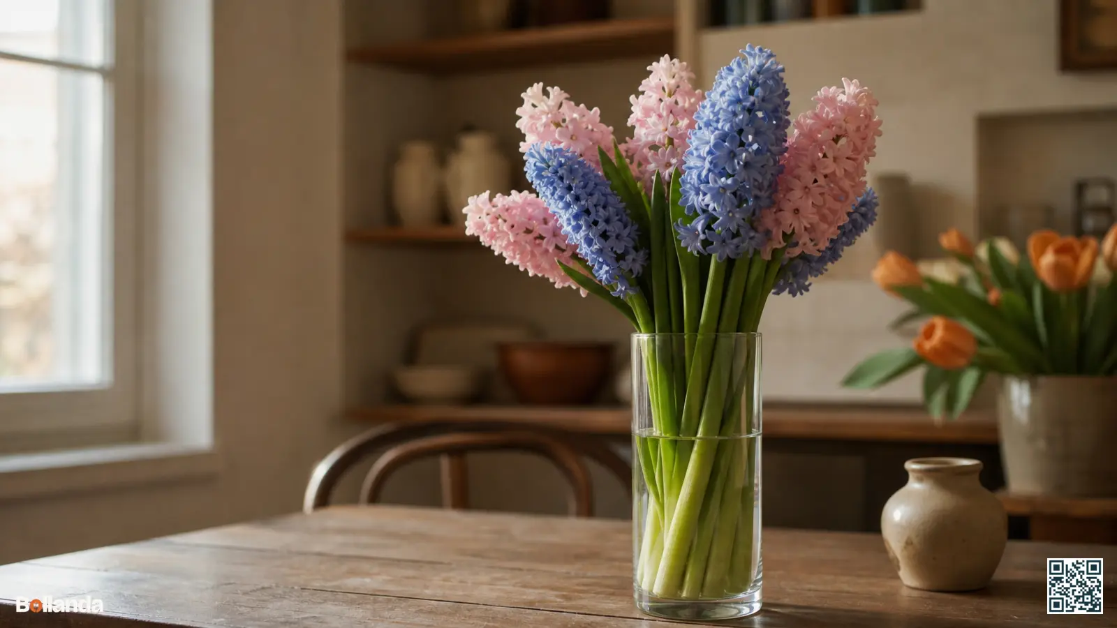 Geurende blauwe en roze hyacinten als snijbloem rechtop in een hoge smalle glazen vaas bij het raam.