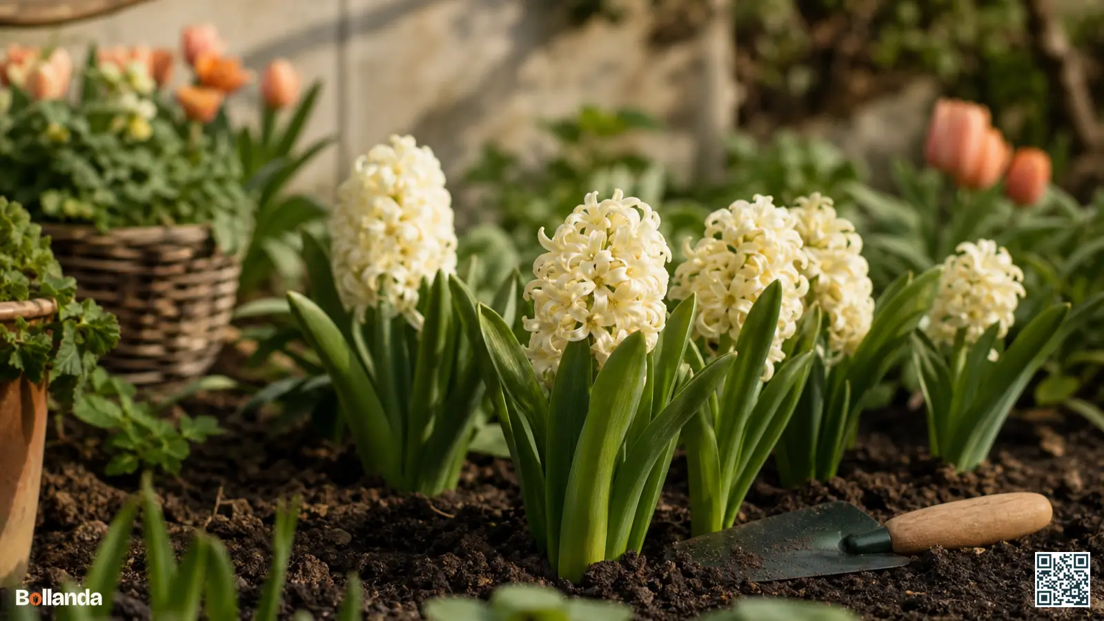 Hyacinten met groen blad in een Nederlandse border na de bloei, met losse grond en een handschepje.