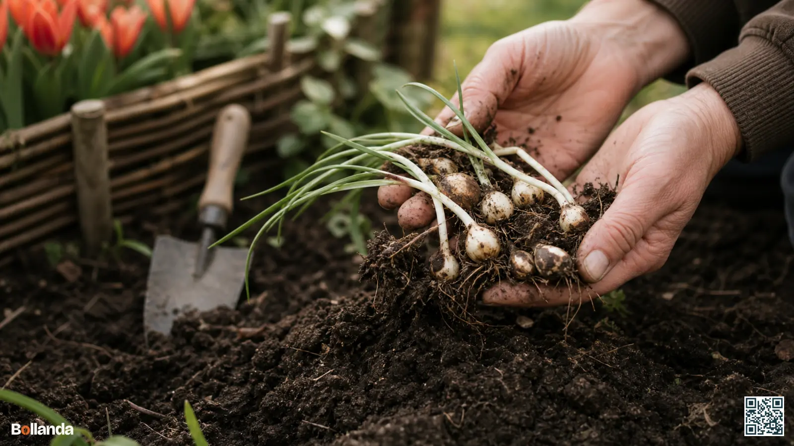 Tuinier graaft een pol voorjaarssterbollen op uit vochtige grond om bolrot door wateroverlast te controleren.