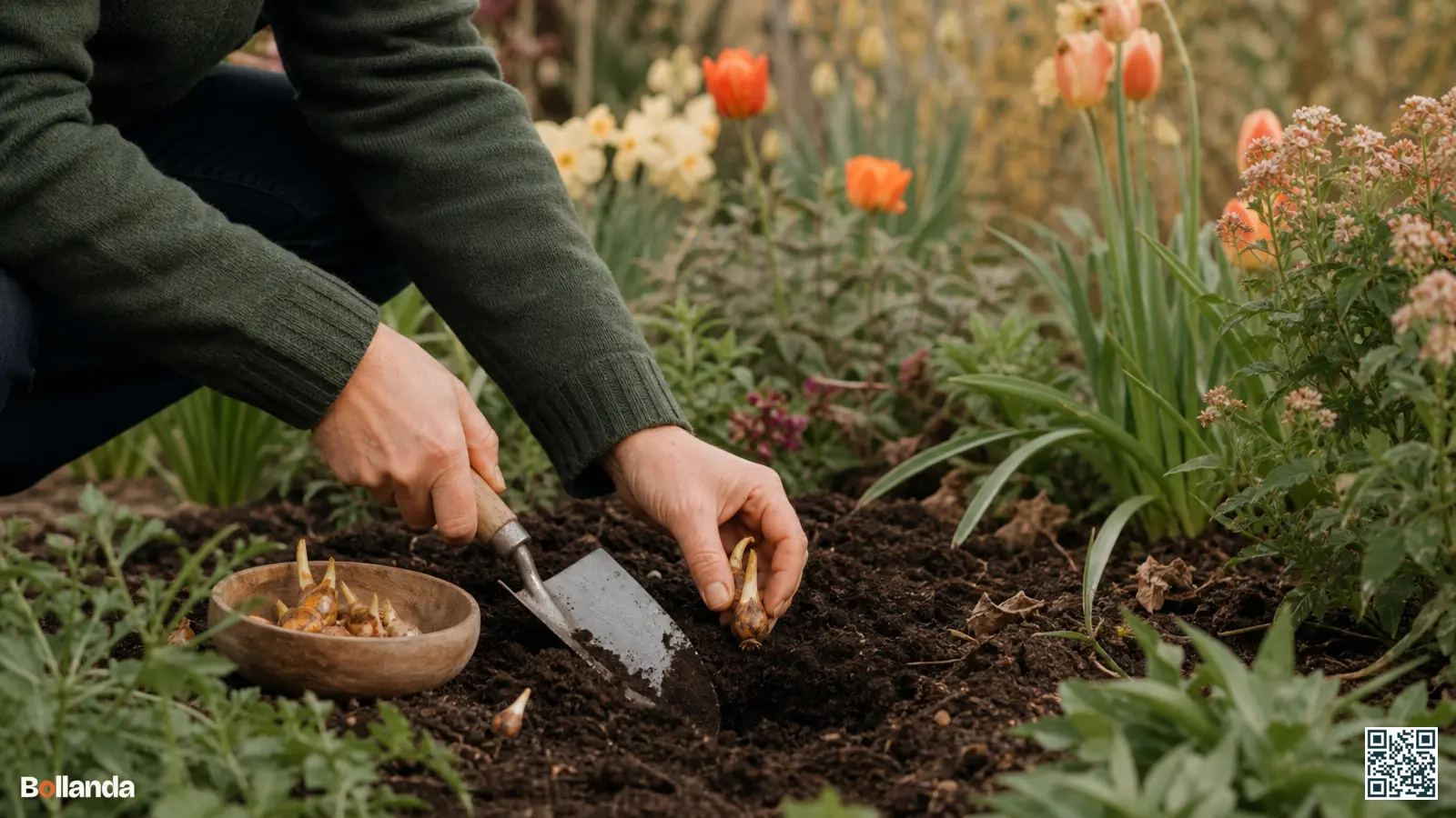 Handen planten kleine iris reticulata bollen diep in herfstgrond met een handschepje in een Nederlandse border.