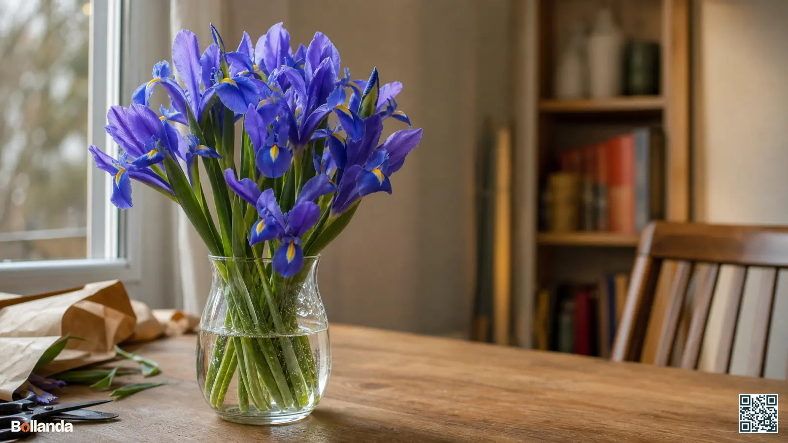 Boeket blauwviolette Hollandse iris in een glazen vaas bij het raam op een houten tafel.