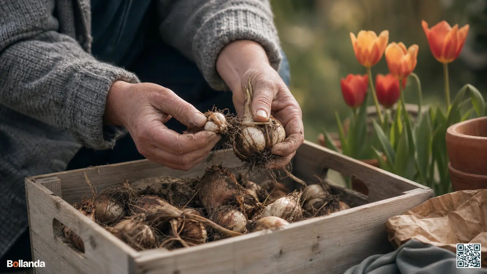 Handen scheiden kleine dochterbollen van een iris-bol boven een houten krat met gedroogde bollen.