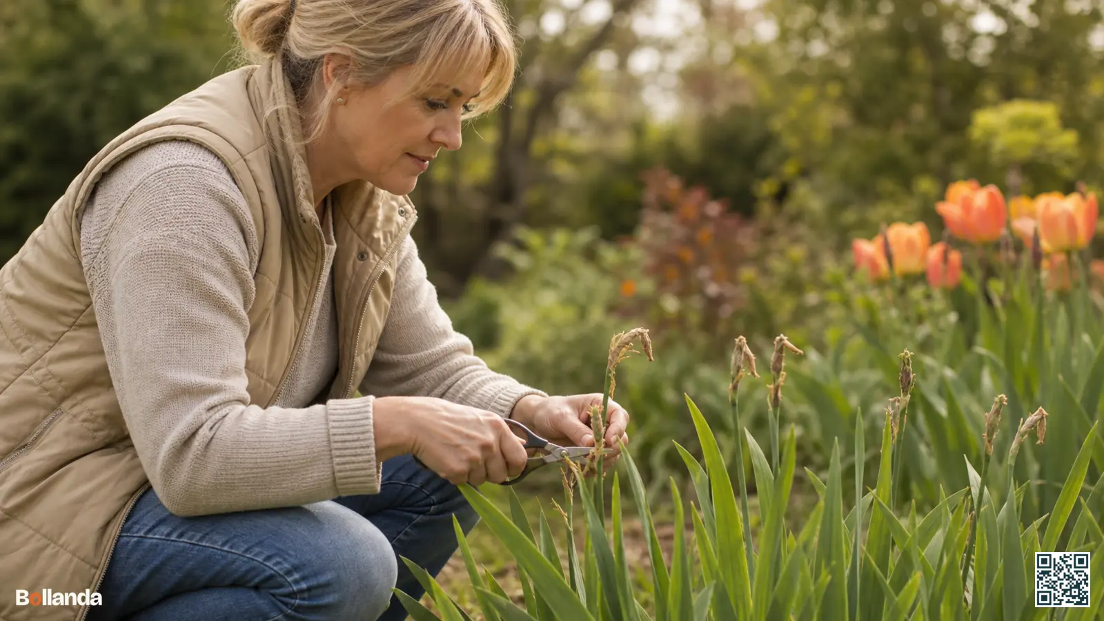 Tuinier knipt uitgebloeide irisstelen weg terwijl het groene blad in de voorjaarsborder blijft staan.