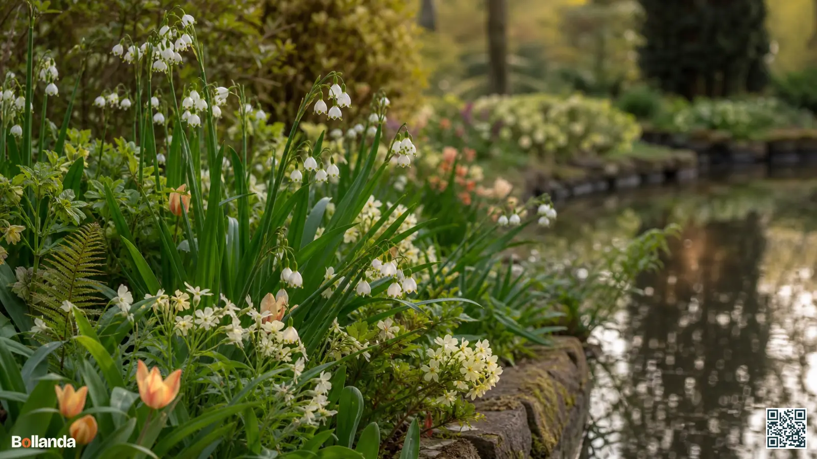 Witte zomerklokjes aan een vijverrand gecombineerd met voorjaarsbloeiers in een natuurlijke Nederlandse tuin.