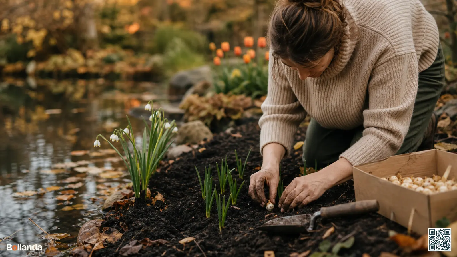 Tuinier plant zomerklokjebollen in vochtige grond langs een vijverrand in de herfst.