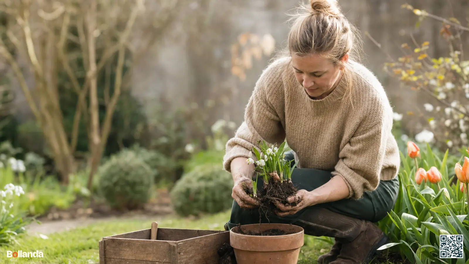 Tuinier scheurt een pol zomerklokjes met groen blad voorzichtig uiteen om de bollen te vermeerderen.
