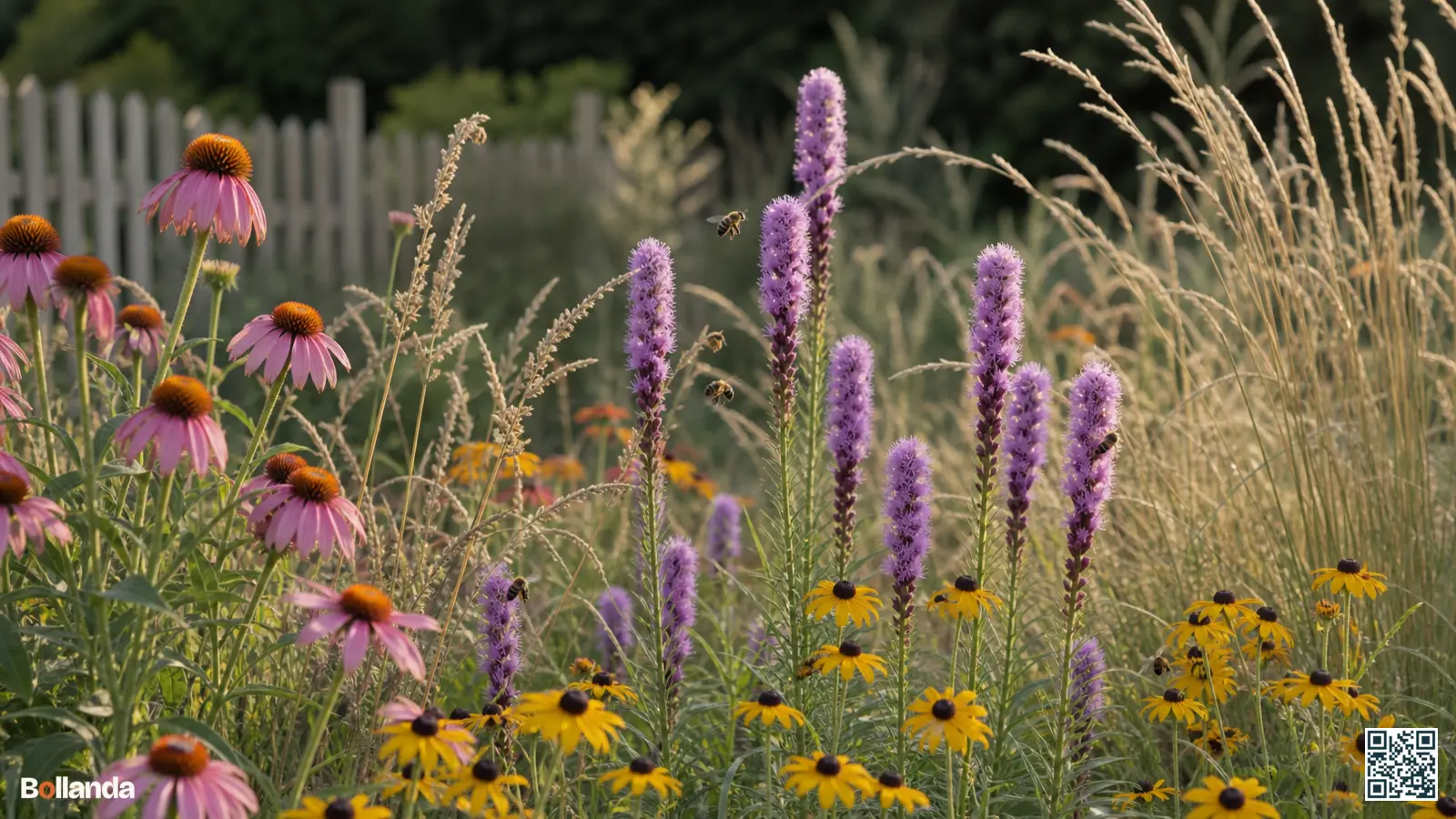 Paarse prachtschaarde-aren tussen siergrassen, zonnehoed en rudbeckia in een natuurlijke prairieborder met bezoekende bijen.