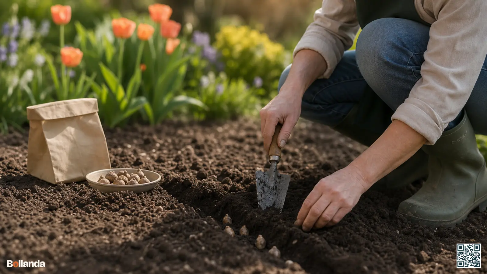 Een tuinier plant stevige Liatris-knollen met een handschepje in losse voorjaarsgrond in een zonnige border.