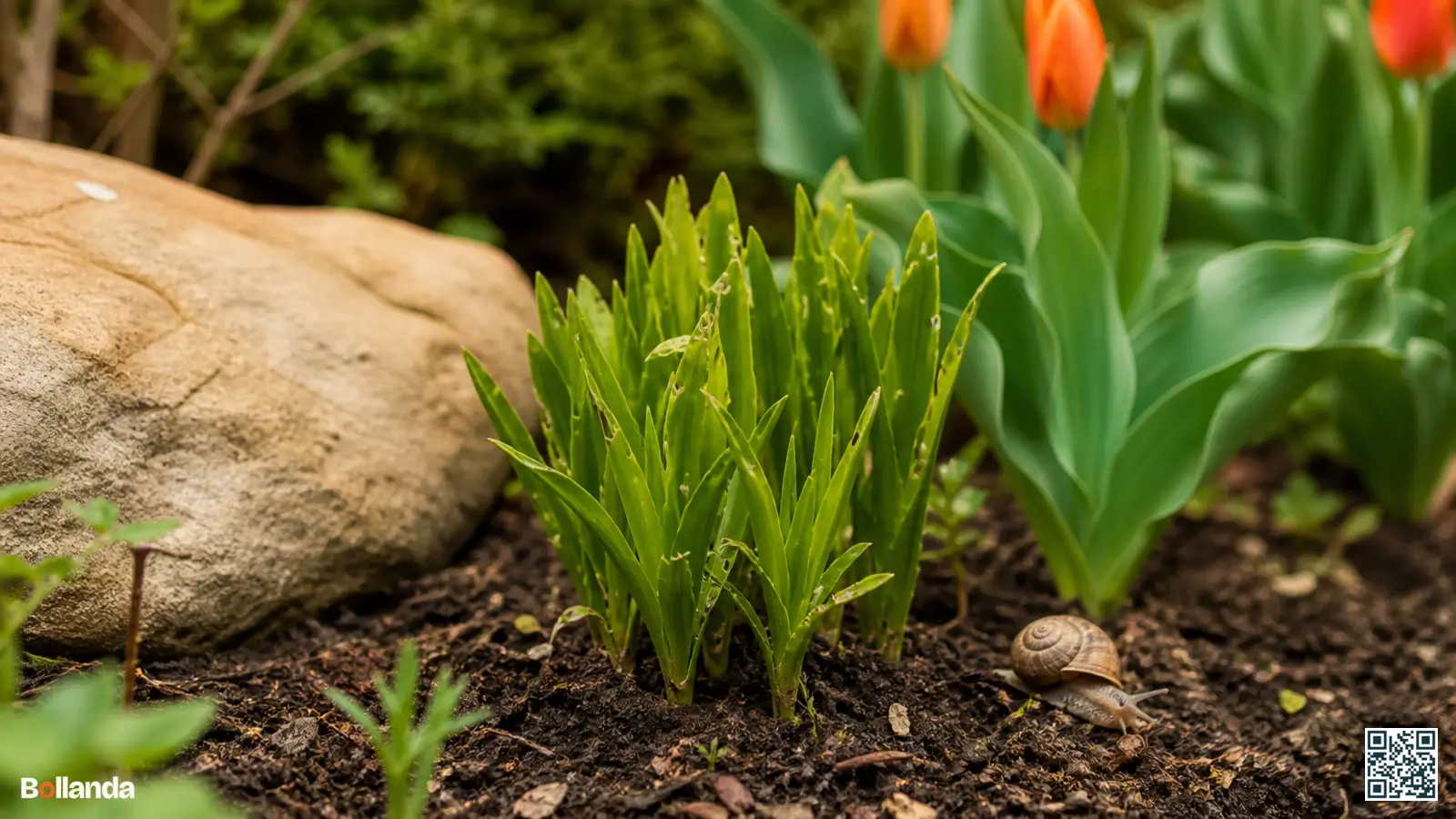 Jonge groene liatrisscheuten in voorjaarsgrond met lichte vraatschade aan het blad en een slak in de border.