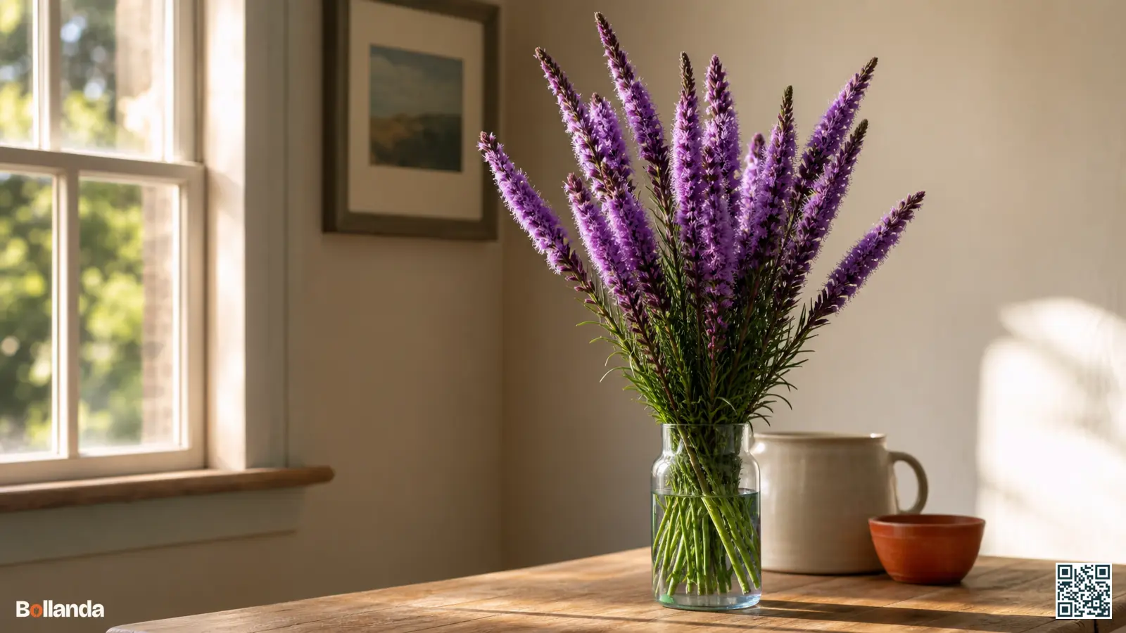 Paarse bloemaren van prachtschaarde als snijbloem in een glazen vaas op een houten tafel bij het raam.
