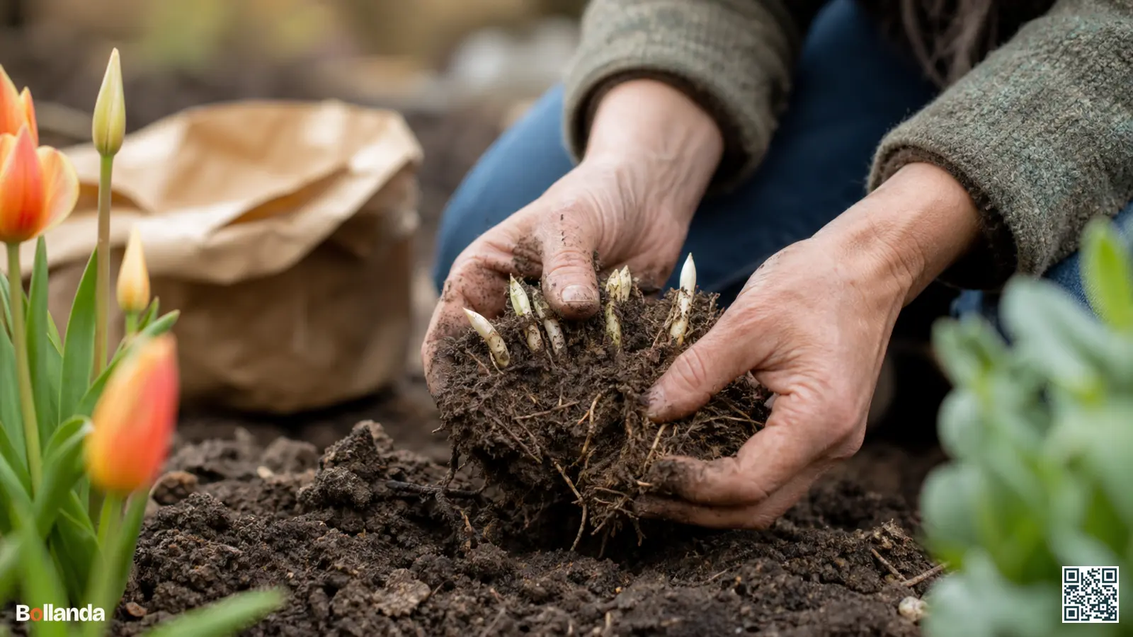 Tuinier deelt met de hand een pol prachtschaarde in het vroege voorjaar met zichtbare groeipunten.