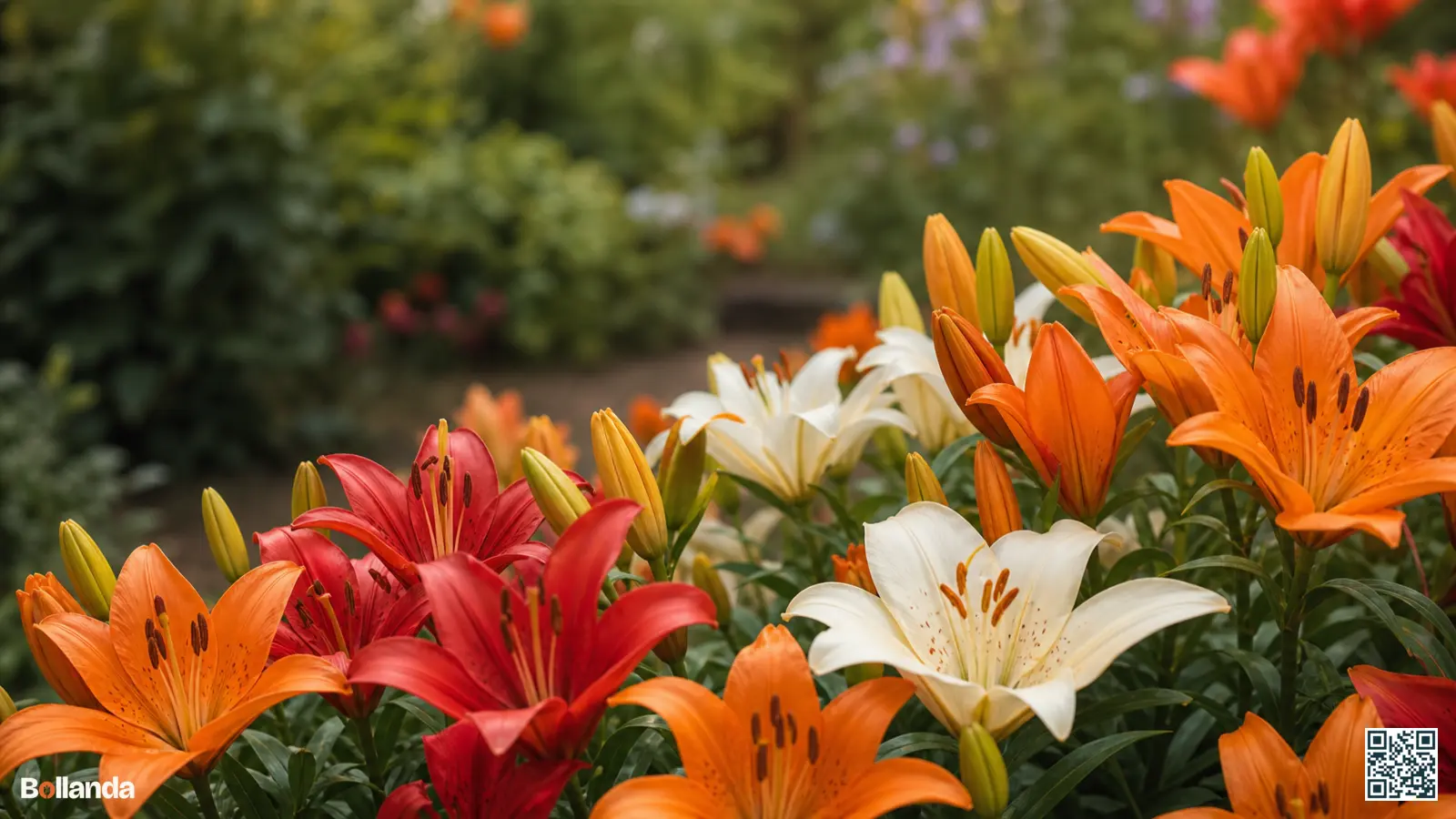 Kleurrijke Aziatische lelies met opgaande bloemen in rood, oranje en wit in een zonnige zomerborder.
