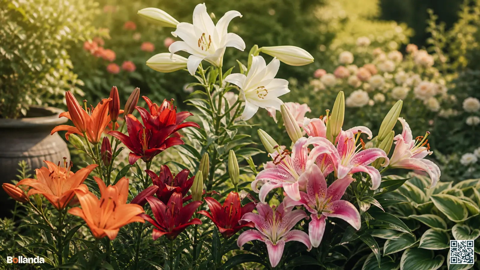 Verschillende leliesoorten in volle bloei naast elkaar in een zonnige zomerse tuinborder met oranje, witte en roze bloemen.