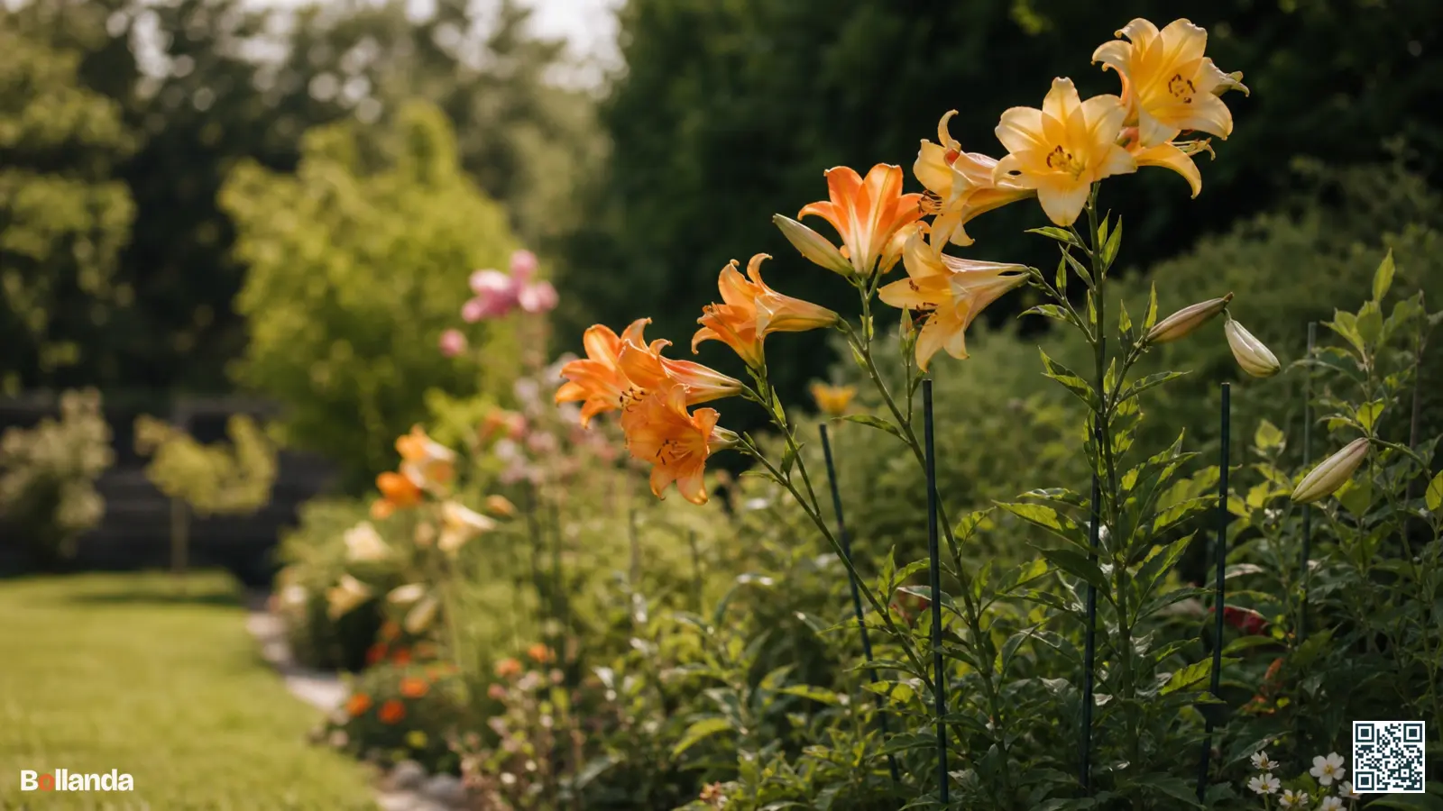 Hoge trompetlelies met grote oranje en gele trompetbloemen achter in een zonnige zomerborder.