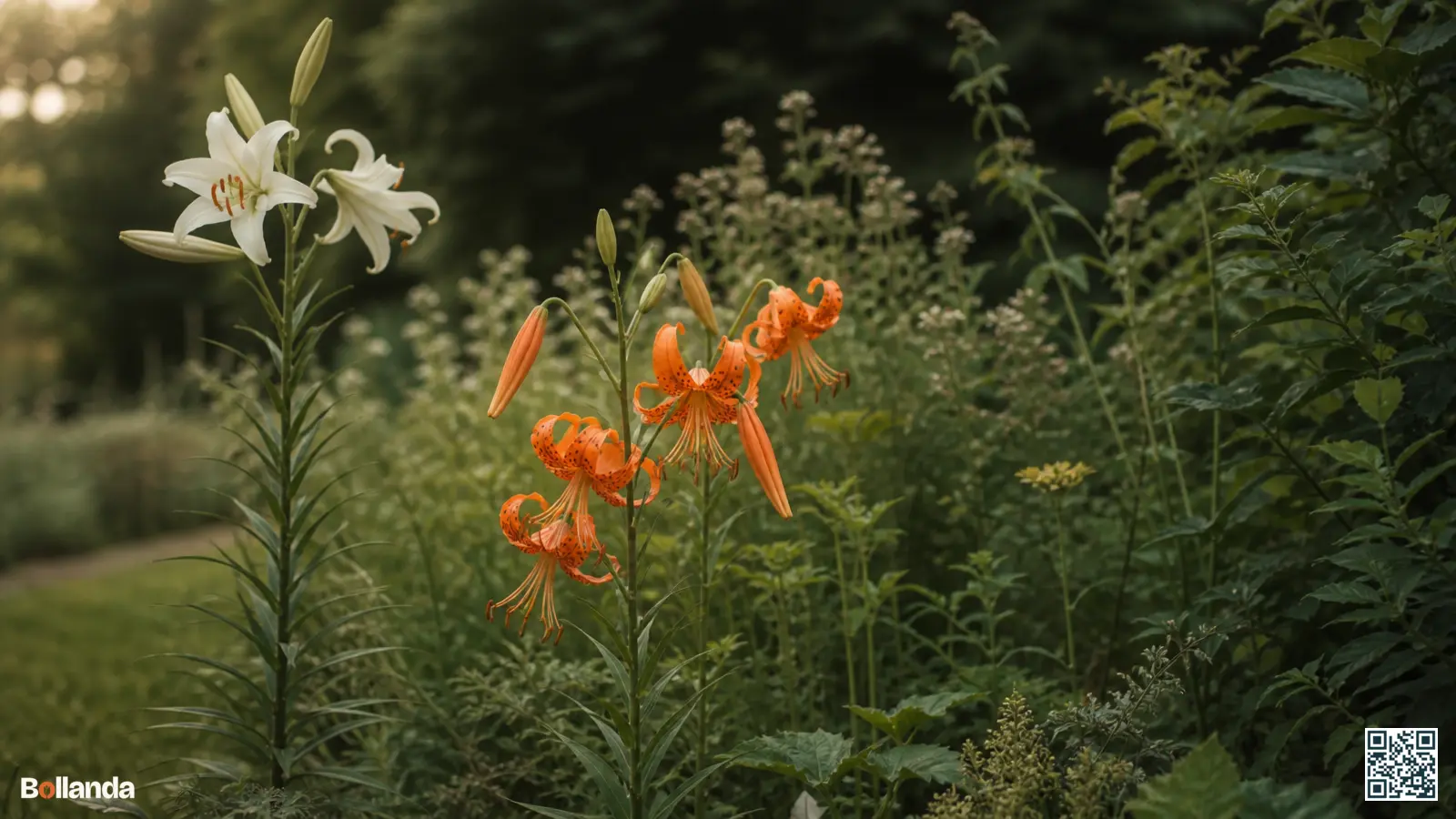 Wilde lelies met oranje tijgerlelies en een witte koningslelie in een natuurlijke border in zacht daglicht.