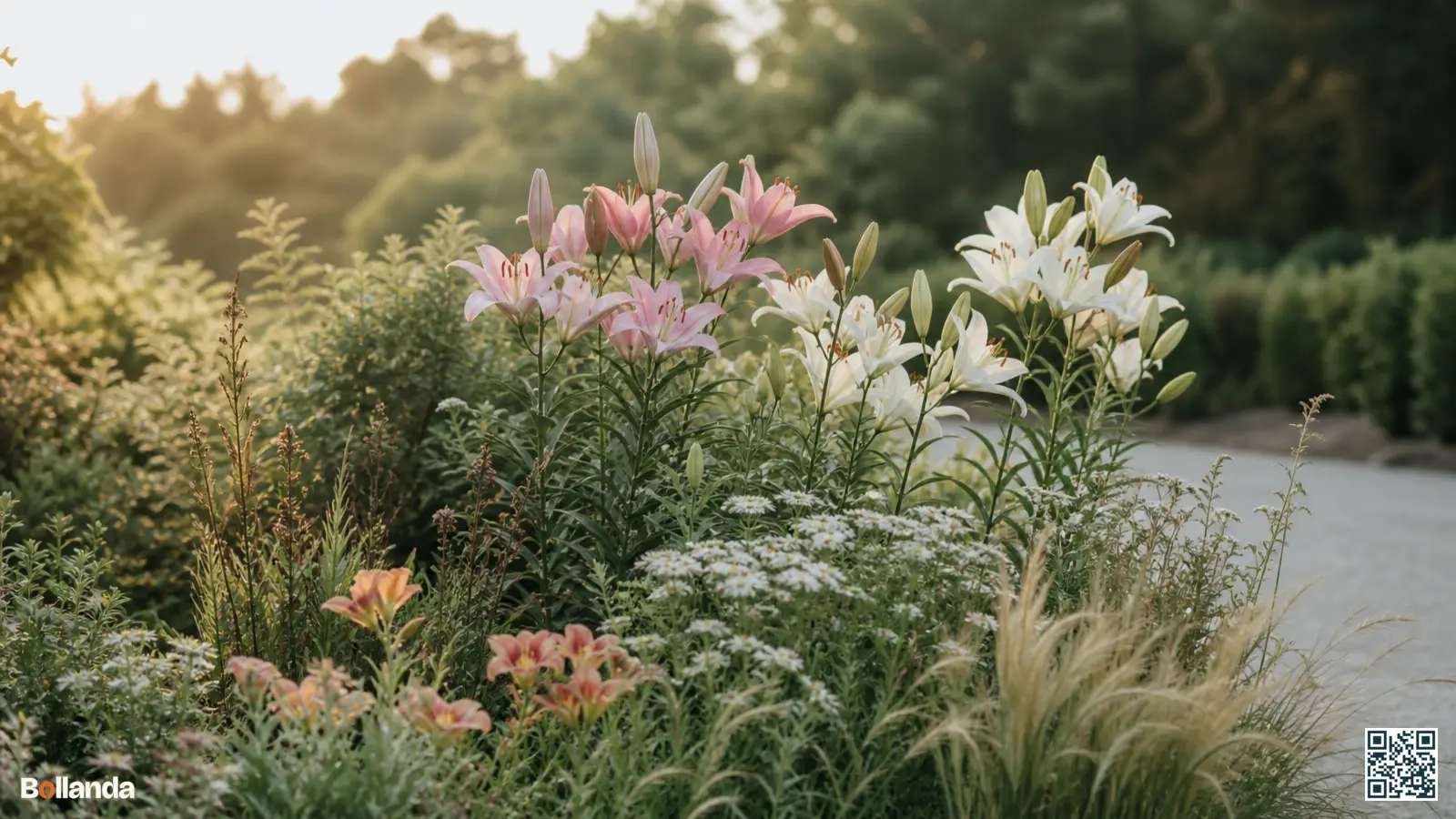 Hoge lelies in een zomerse border met lage vaste planten en grassen die de voet van de stengels beschaduwen.