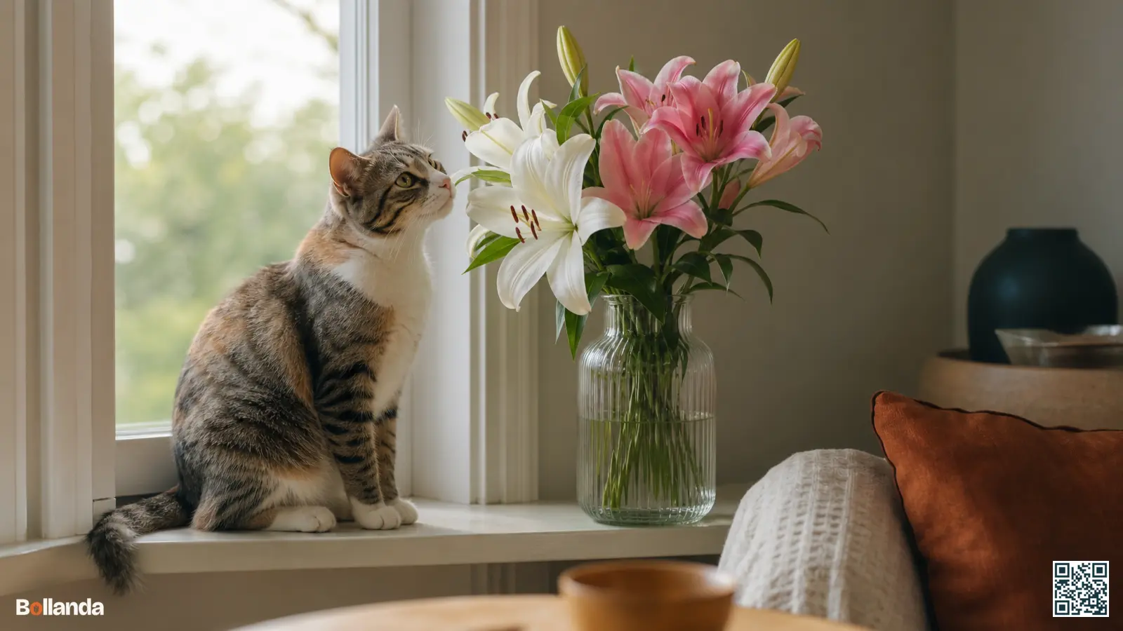 Nieuwsgierige kat op een vensterbank naast een vaas met lelies in een rustig huiselijk interieur.
