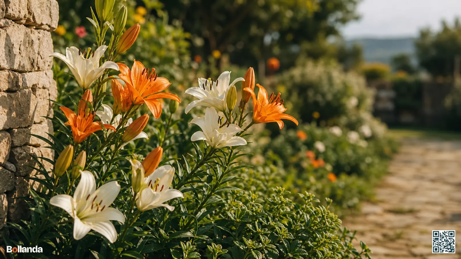 Oranje en witte lelies in volle bloei in een zomerse border met groen blad rond de stengelvoet.