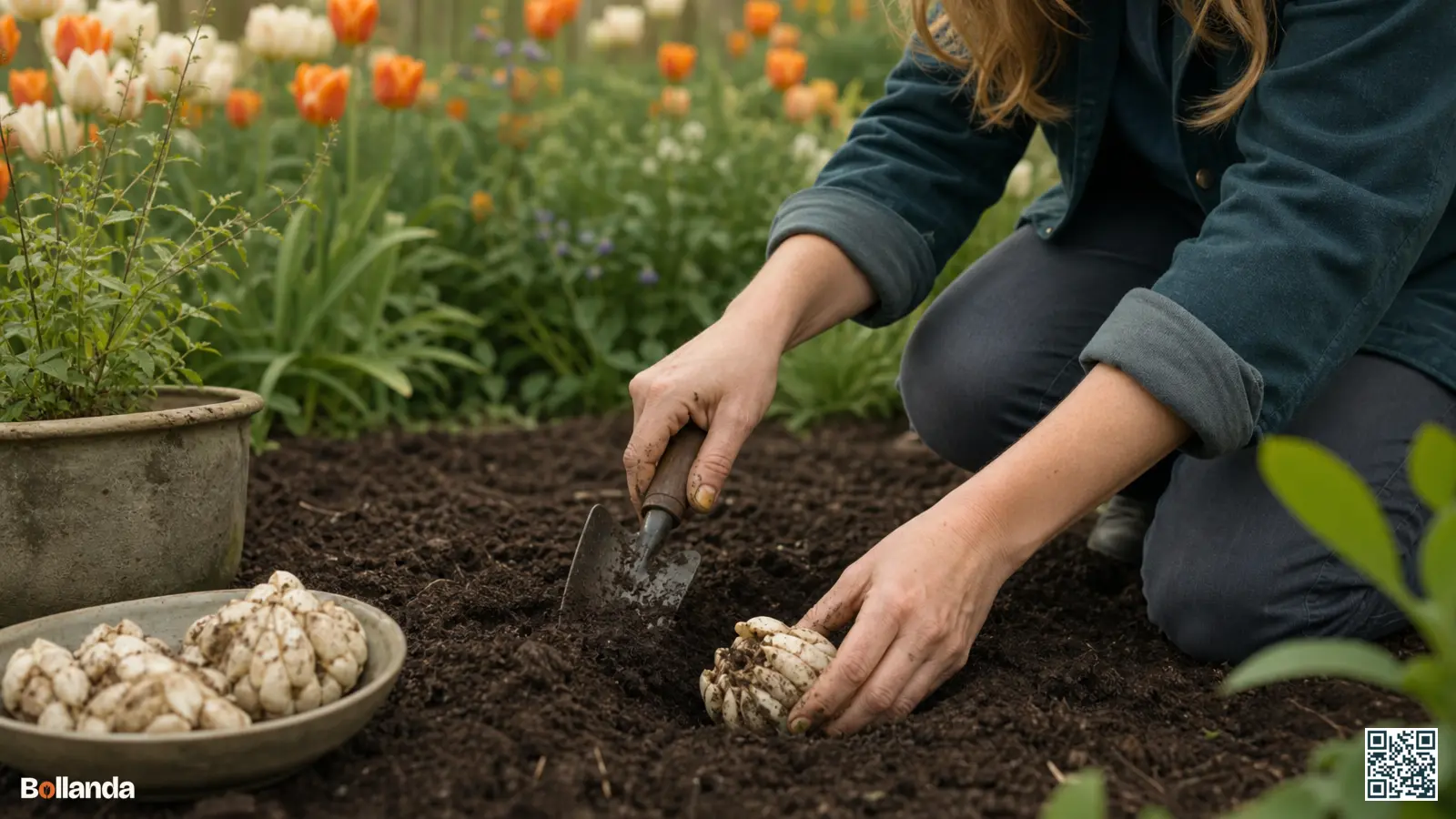 Een tuinier plant een leliebol met vlezige schubben diep in de humusrijke grond van een border.