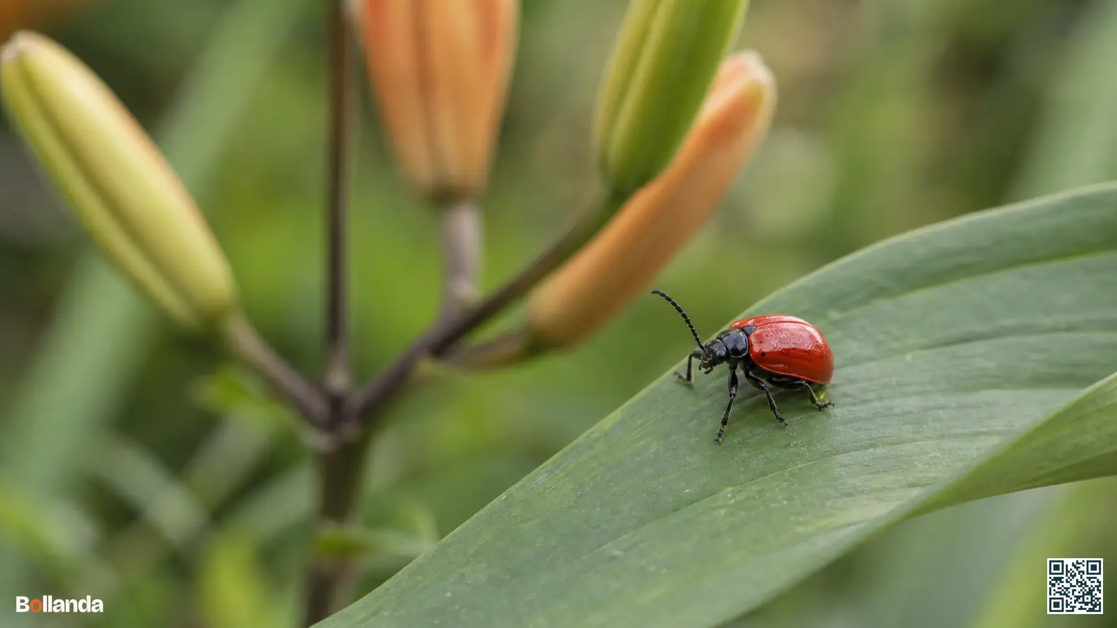 Helderrood leliehaantje op een groen leliebllad in de tuin, met de leliesteel zacht onscherp op de achtergrond.