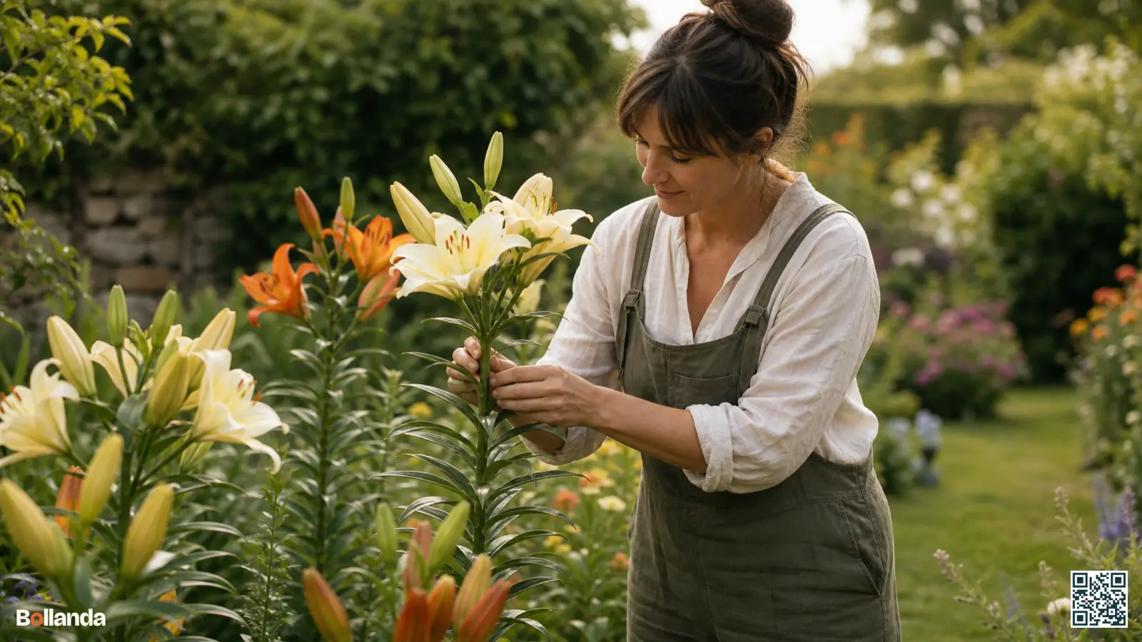 Tuinier verzorgt bloeiende lelies in een zomerse border en controleert het groene blad van de stengels.