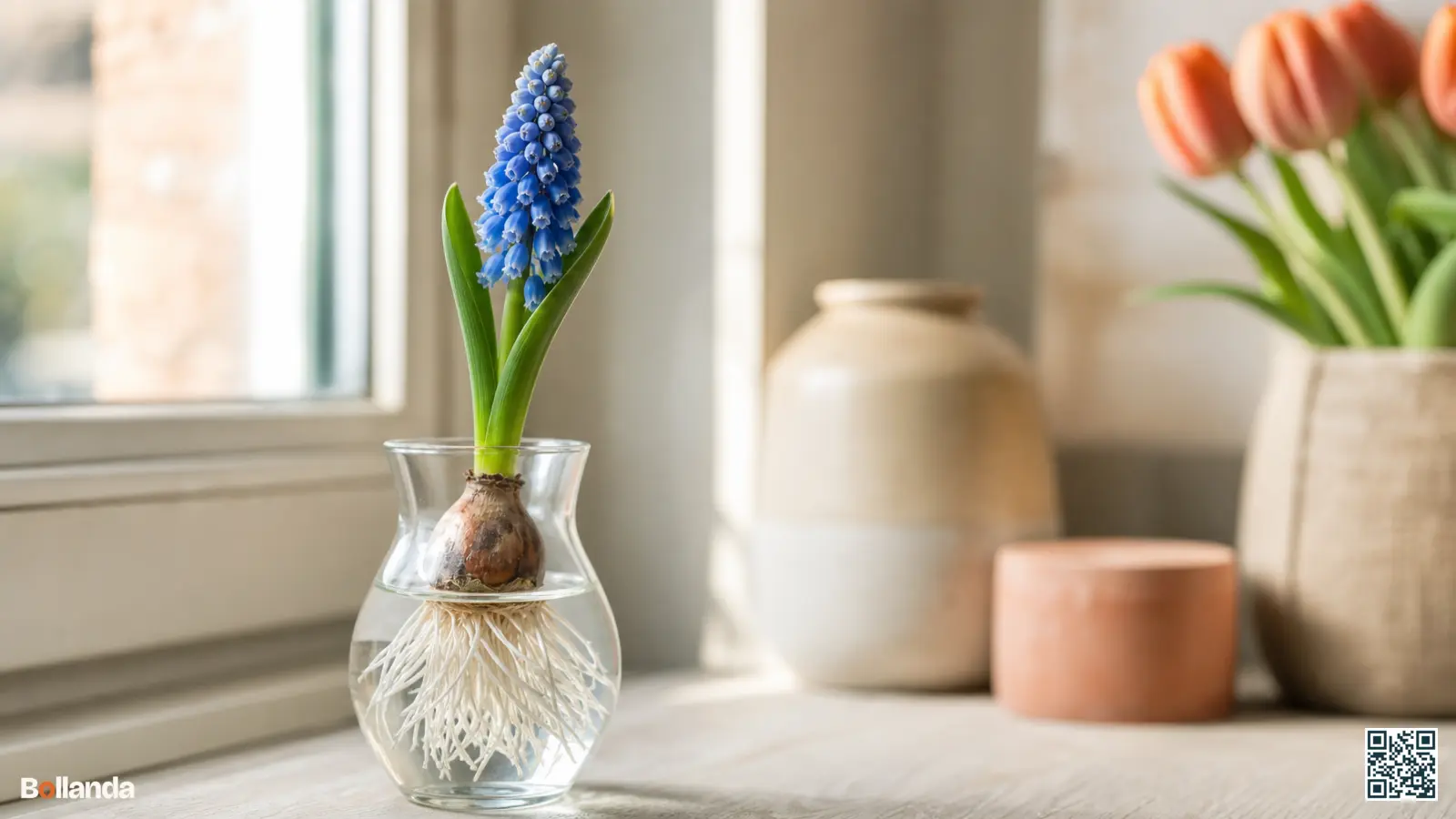 Muscari op water in een glaasje op een lichte vensterbank met zichtbare wortels en een blauwe bloemtros.