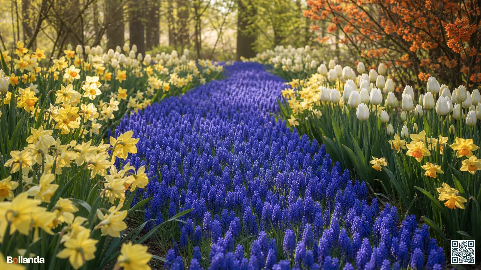 Rivier van blauwe druifjes slingert tussen gele narcissen en witte tulpen in een voorjaarsborder.