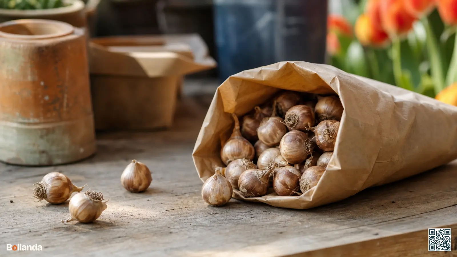 Close-up van stevige muscaribollen met intacte huid in een neutrale papieren zak op een houten werkbank.