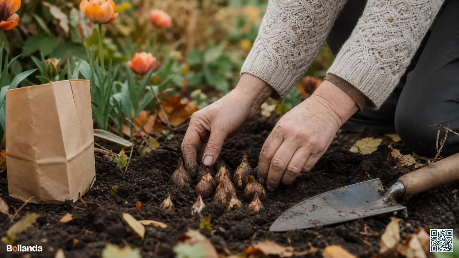 Handen planten kleine muscari-bollen dicht bijeen in donkere herfstgrond van een border met een handschepje.
