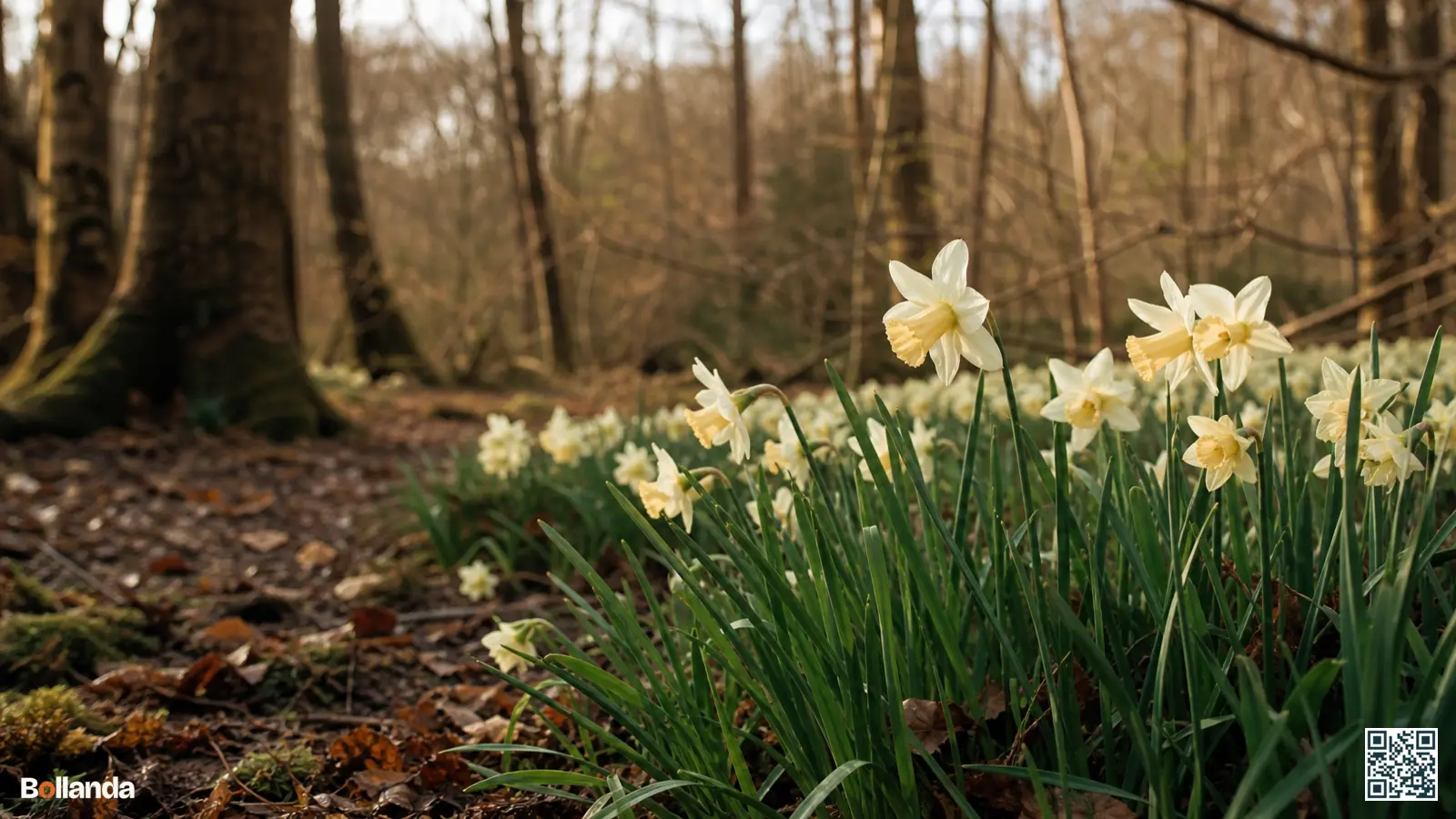 Verwilderde wilde narcissen met zachtgele trompetten onder kale loofbomen in een vochtig voorjaarsbos.