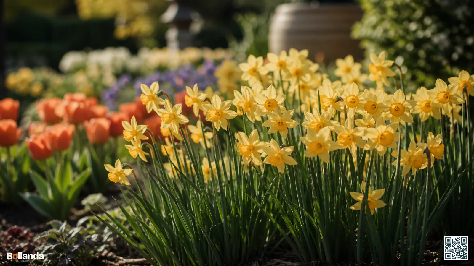 Goudgele Jonquilla narcissen met meerdere geurende bloemen per steel en smal biesachtig blad in een voorjaarsborder.