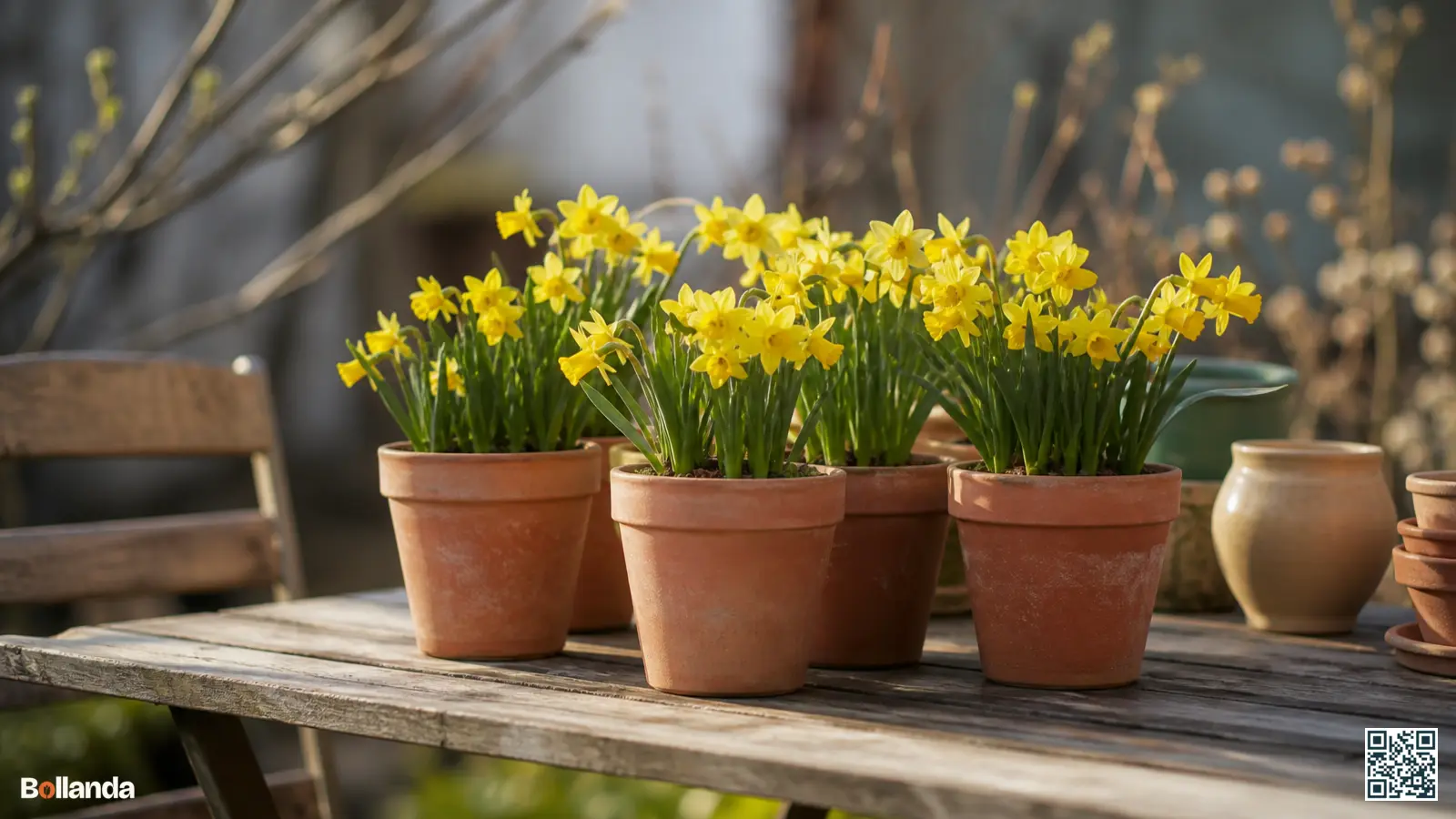 Kleine gele miniatuurnarcissen in neutrale potten op een houten tuintafel in het vroege voorjaarslicht.