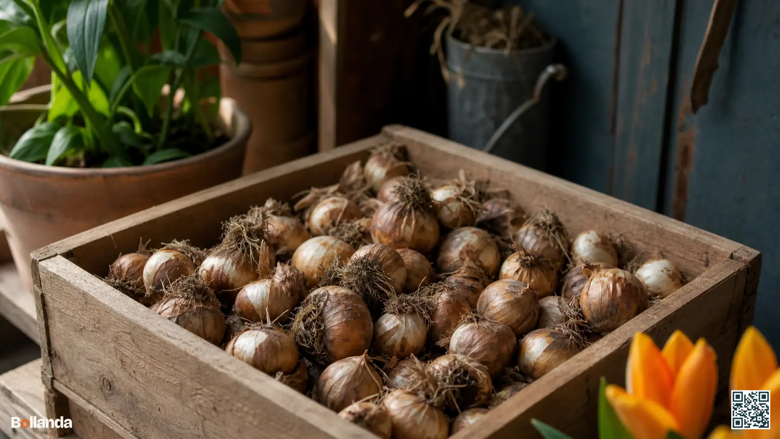 Gerooide narcisbollen liggen te drogen in een houten kistje in een schaduwrijke tuinschuur.