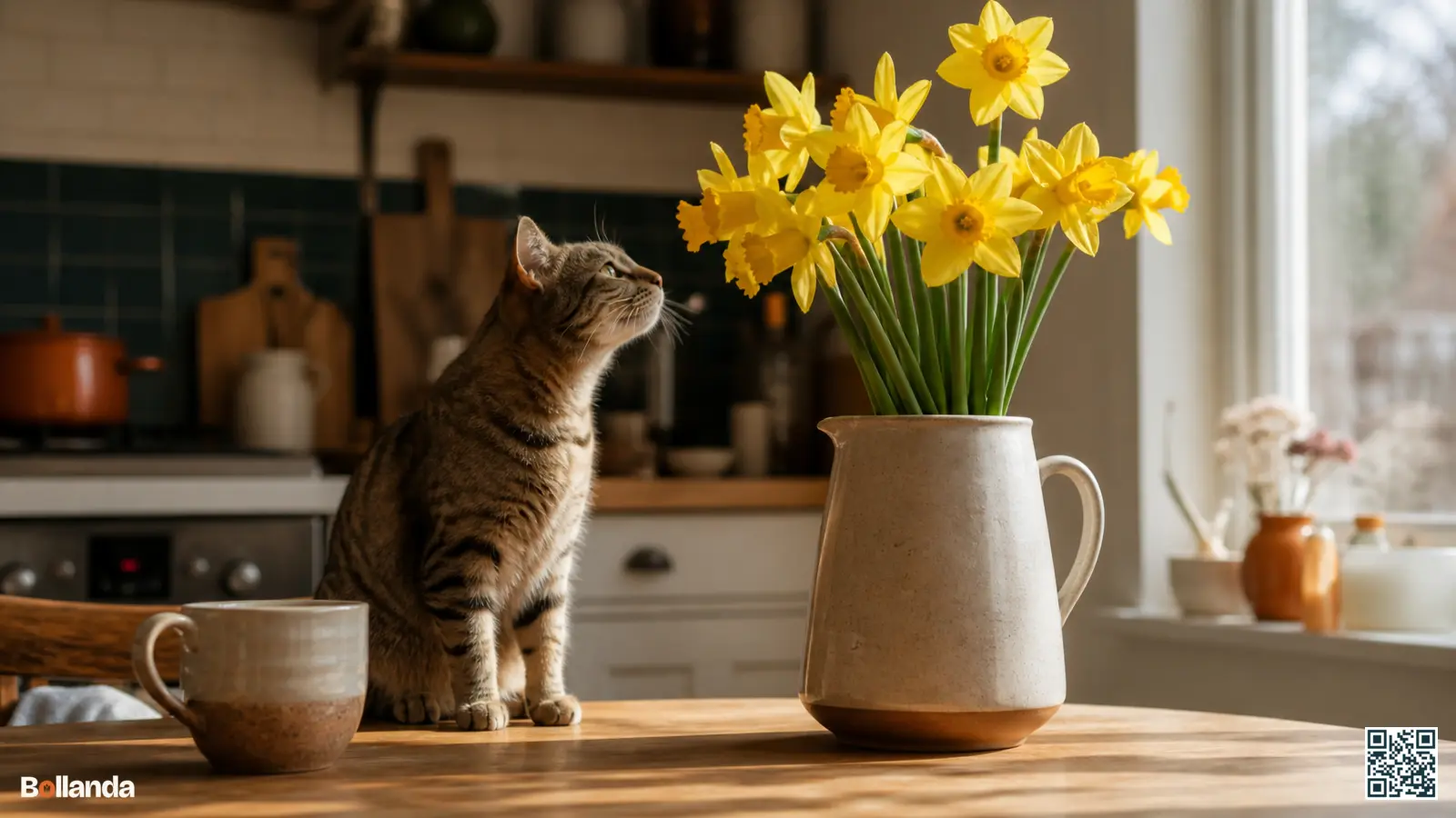 Een nieuwsgierige cyperse kat snuffelt aan een vaas met gele narcissen op een houten keukentafel bij het raam.