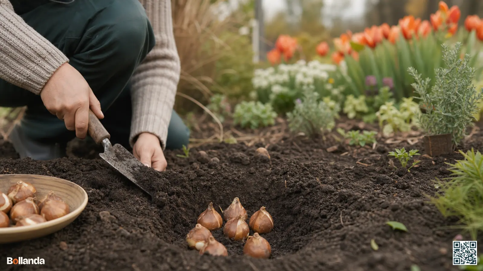 Een tuinier plant stevige narcisbollen in de herfstgrond met een handschepje in een Nederlandse border.
