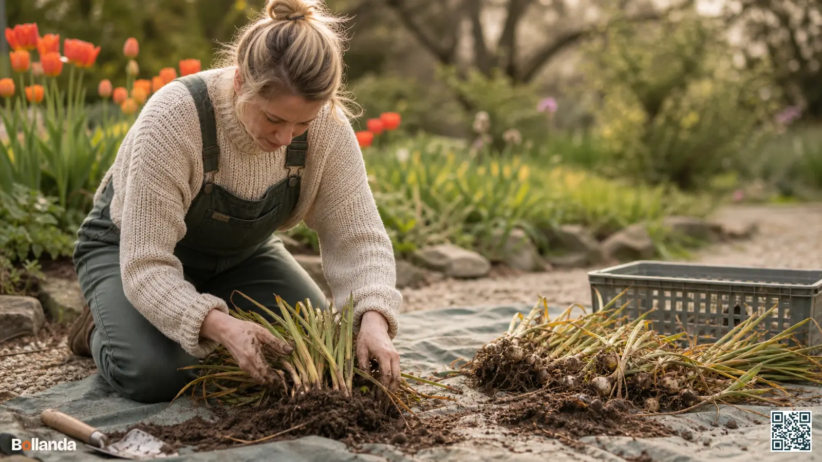 Tuinier scheurt na de bloei voorzichtig een pol narcissen met de hand boven losse tuingrond.