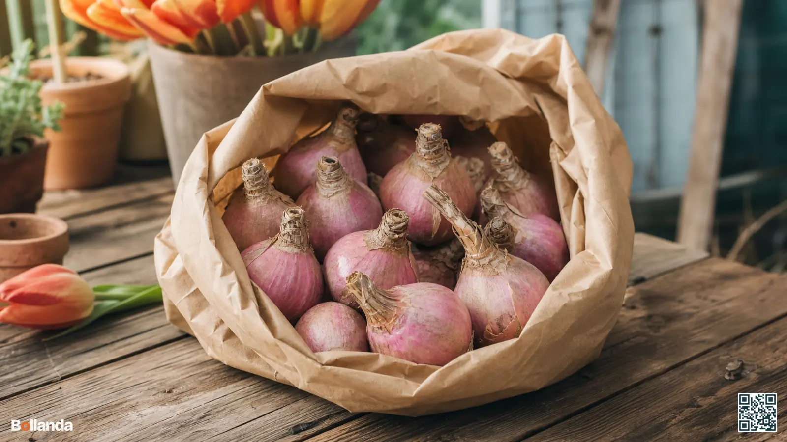 Close-up van stevige roze nerinebollen in een neutrale papieren zak op een werkbank, klaar om te planten.