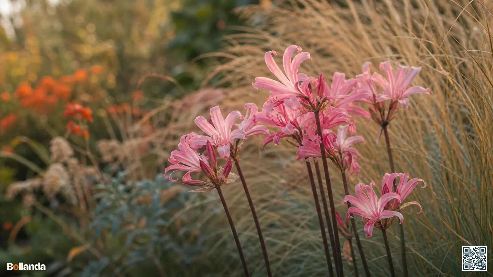 Roze nerine bloeit op kale stelen in een herfstborder met afstervende siergrassen en zacht namiddaglicht.