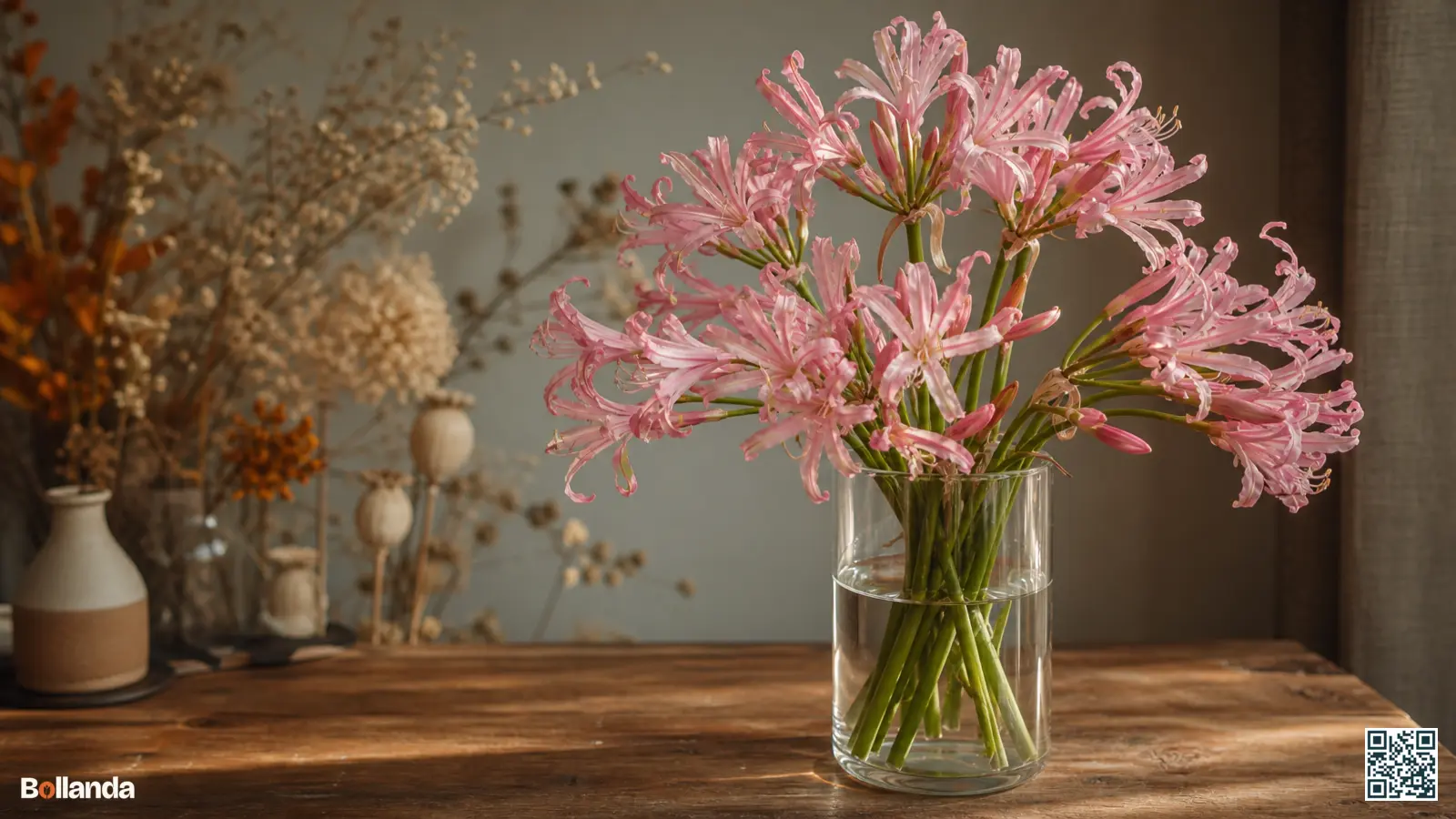 Roze nerine met golvende bloemblaadjes in een glazen vaas met herfstgrassen op een houten tafel.