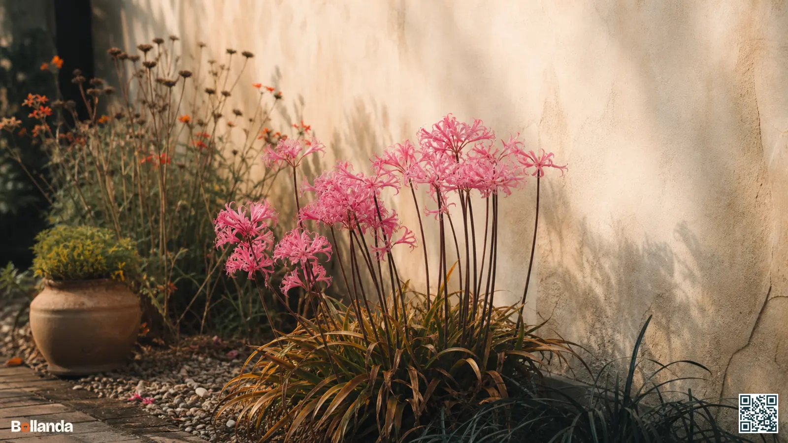Roze nerine in volle herfstbloei tegen een warme zonnige tuinmuur in een Nederlandse border.
