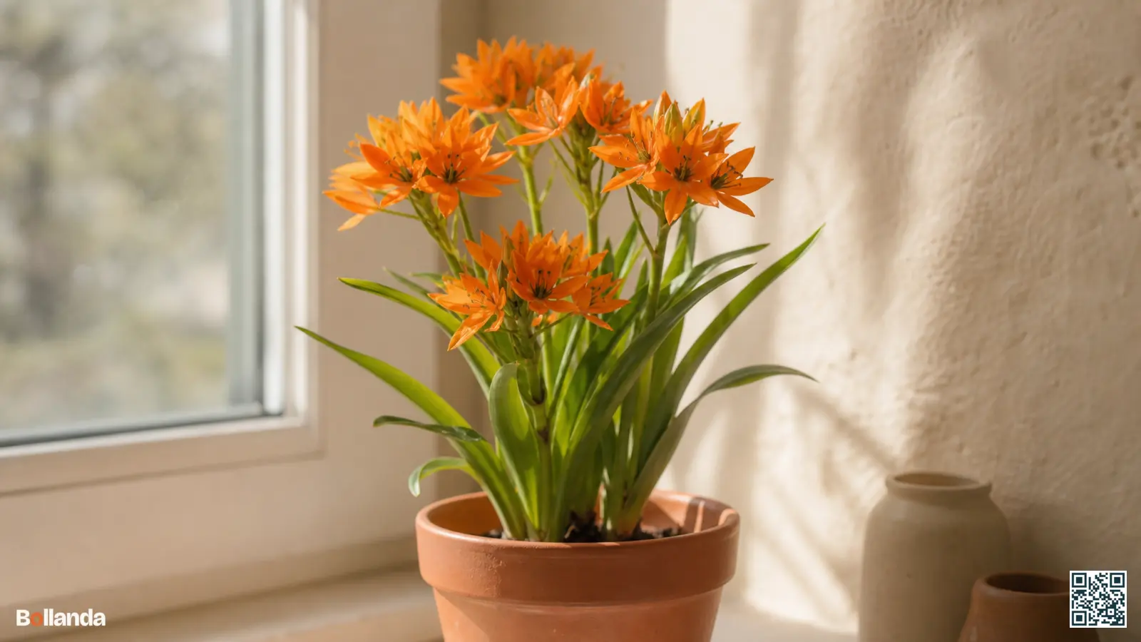 Bloeiende oranje vogelmelk in pot op een lichte vensterbank met feloranje stervormige bloemen.