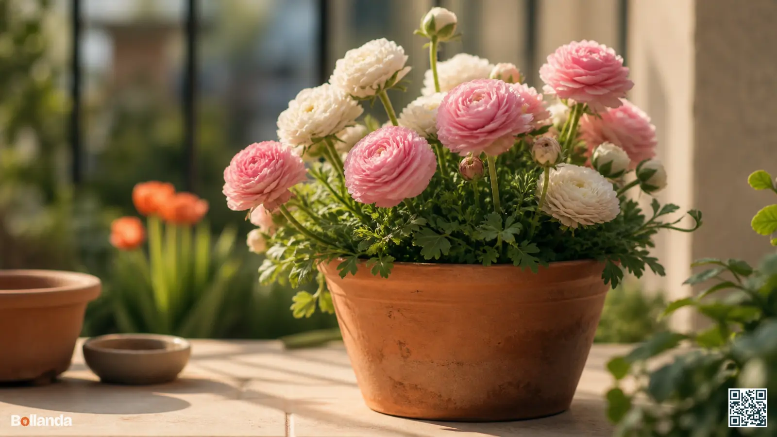 Compacte Aviv ranonkels met dicht dubbele bloemen in een terracotta pot op een zonnig balkon.