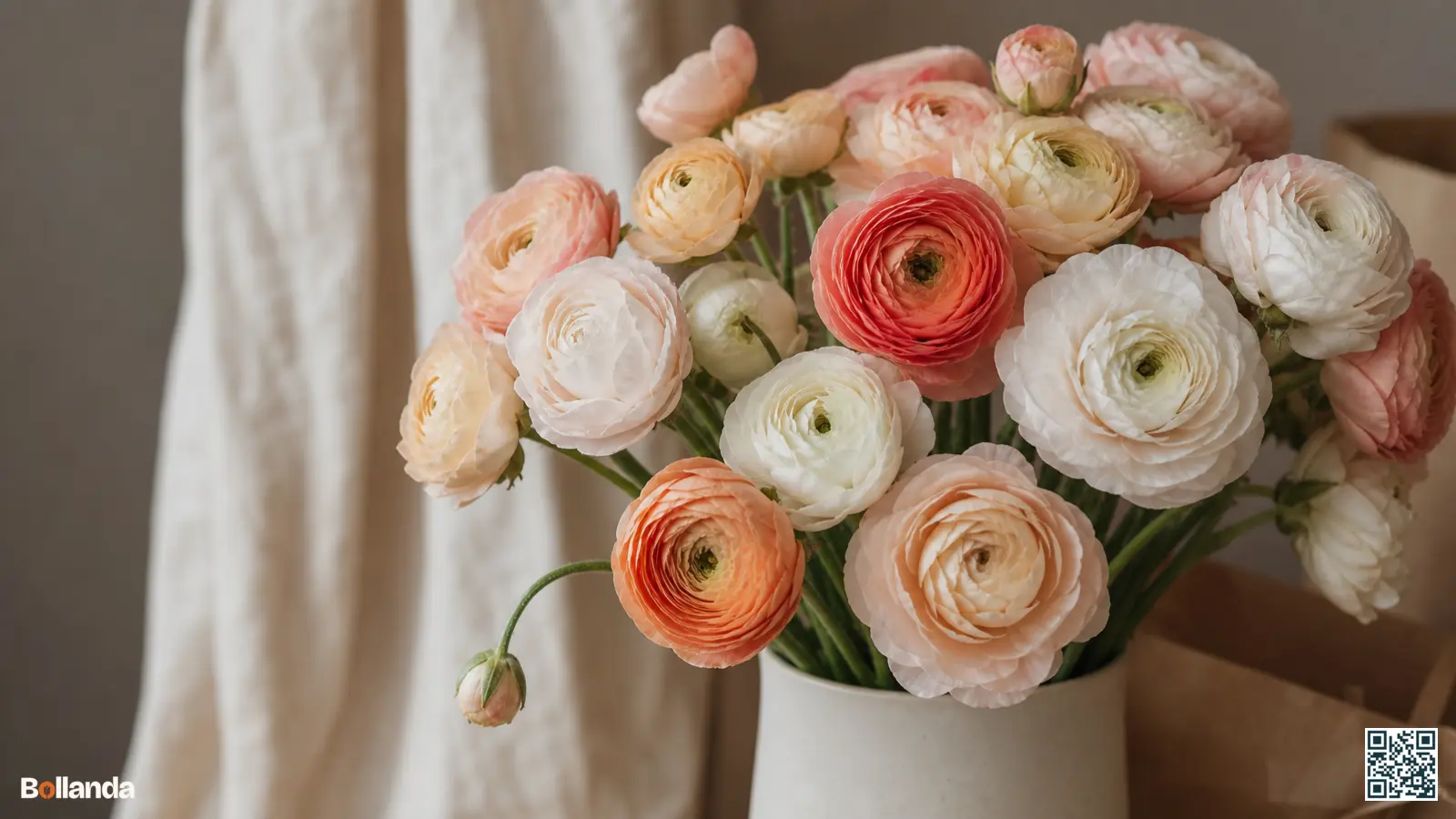 Roosachtige, dubbele Elegance ranonkels in pastel en wit op lange stelen in een neutrale vaas.