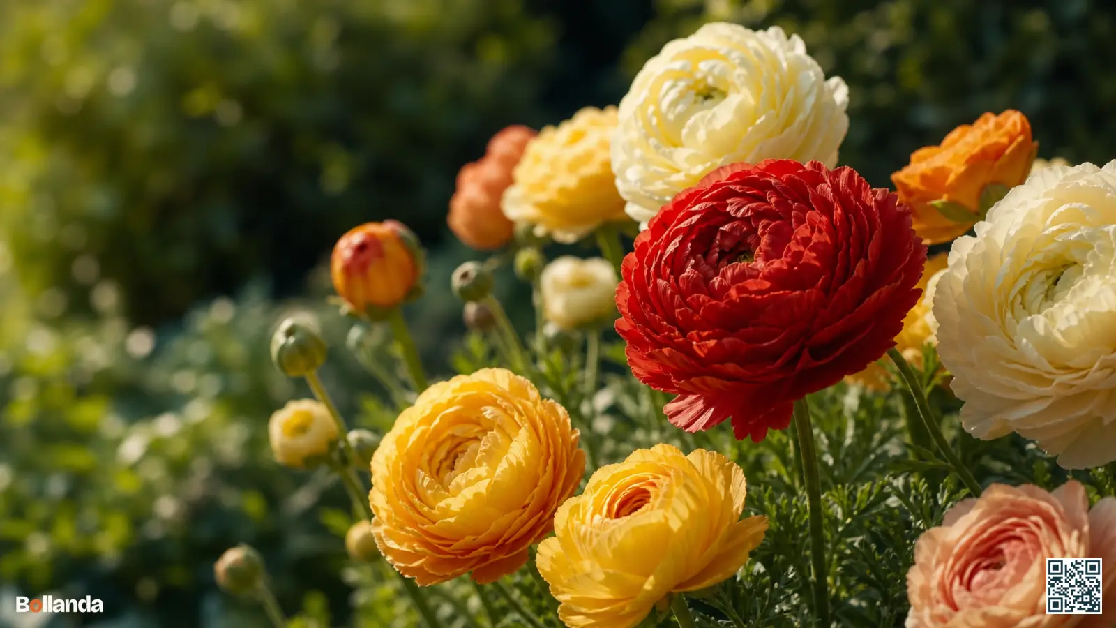 Dicht gevulde, pioenachtige Persian Tecolote ranonkels in rood, geel en wit in een zonnige border.