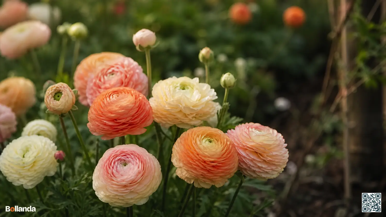 Bolvormige geruffelde pon-pon ranonkels in zachte bicolor tinten bloeiend in een tuinborder met volle bloembladeren.