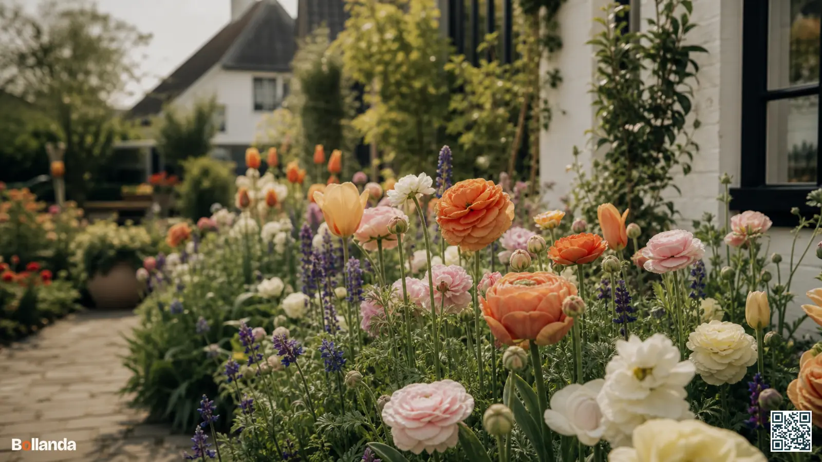 Voorjaarsborder met ranonkels in oranje, roze en wit gecombineerd met tulpen en salie in cottage-stijl.