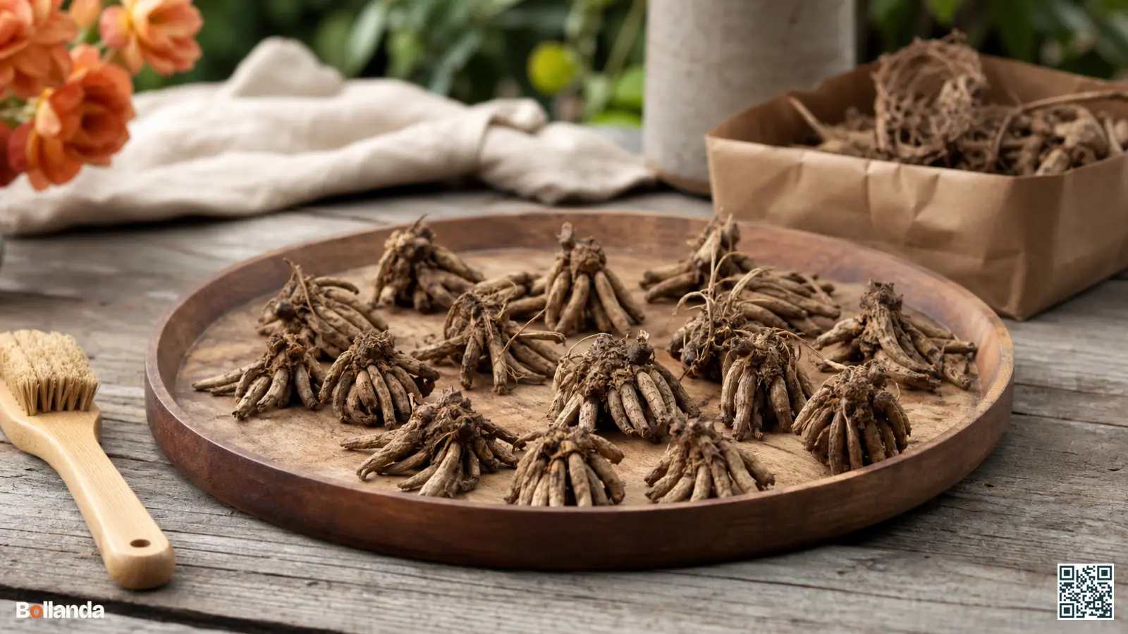 Gerooide klauwvormige ranonkelknollen drogen op een houten bak in warm zomerlicht, klaar om te bewaren.