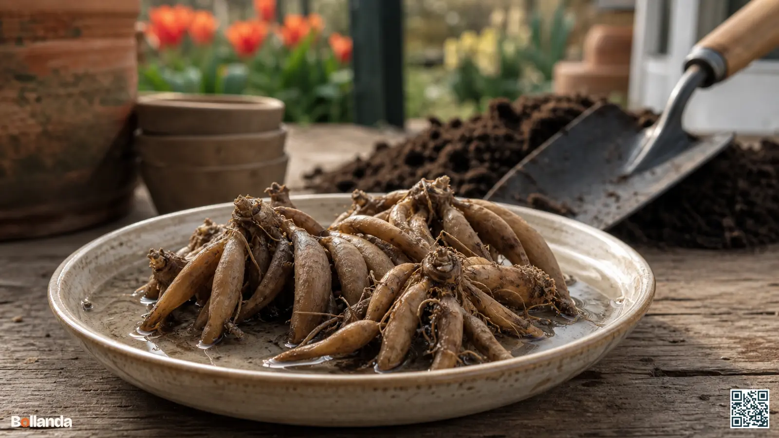 Geweekte klauwvormige ranonkelknollen in een schaaltje met een handschepje en plantgrond op de achtergrond.