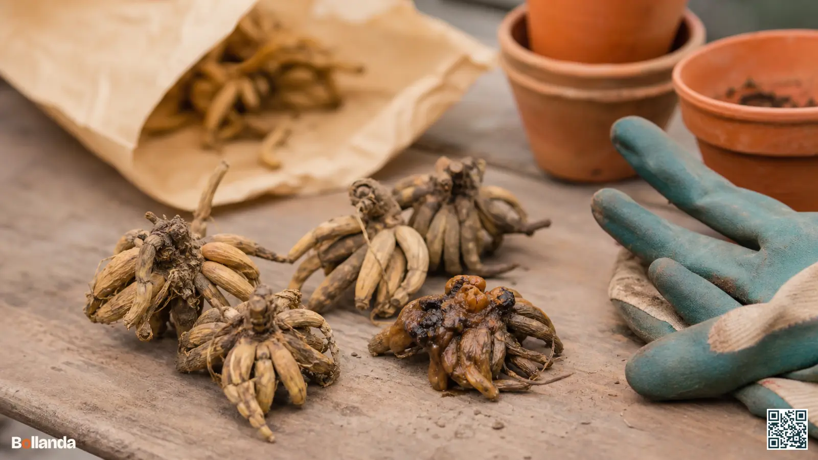 Klauwvormige ranonkelknollen op een werkbank, een knol zacht en aangetast, met tuinhandschoenen ernaast.